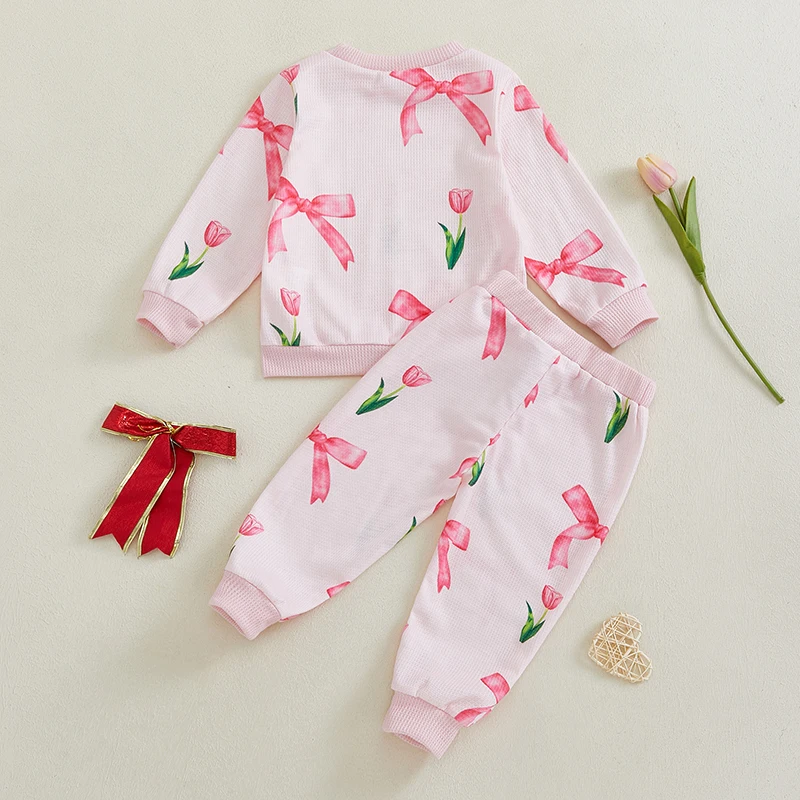 

Infant Girl 2-Piece Autumn Ensemble with Long Sleeve Bow Print Sweatshirt and Pants - Adorable Toddler Clothing Set