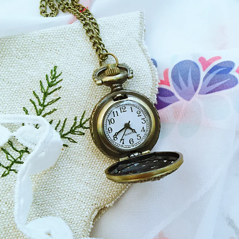 Small Cute Bronze Quartz Pocket Watch for Men Women Laser Engraved Carving Case Fob Chain Pendant Necklace Clock Collection Gift