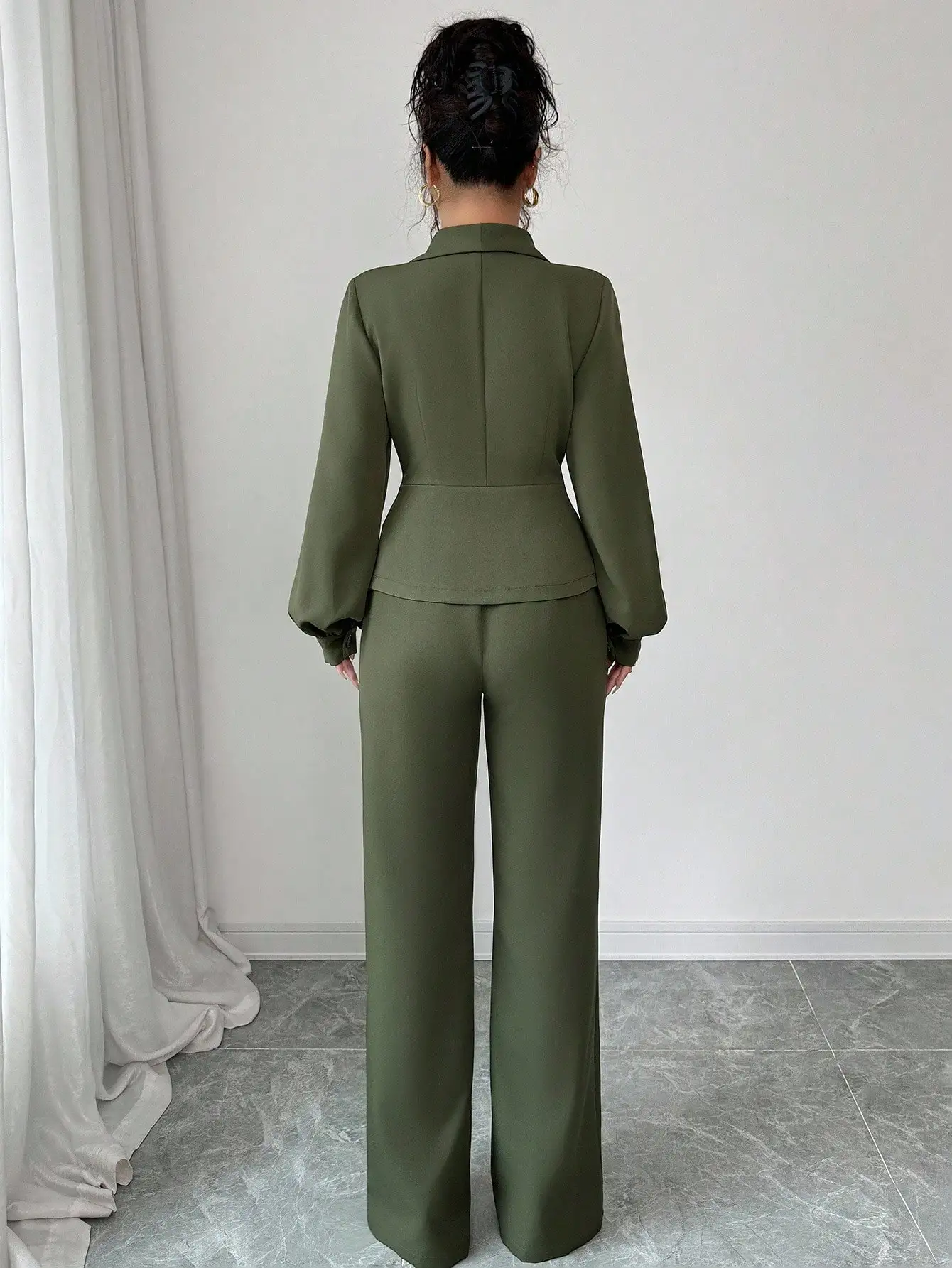 

Women's Solid Asymmetrical Crossed Collar Blazer Lantern Sleeve Pant Suit For Spring Autumn Winter