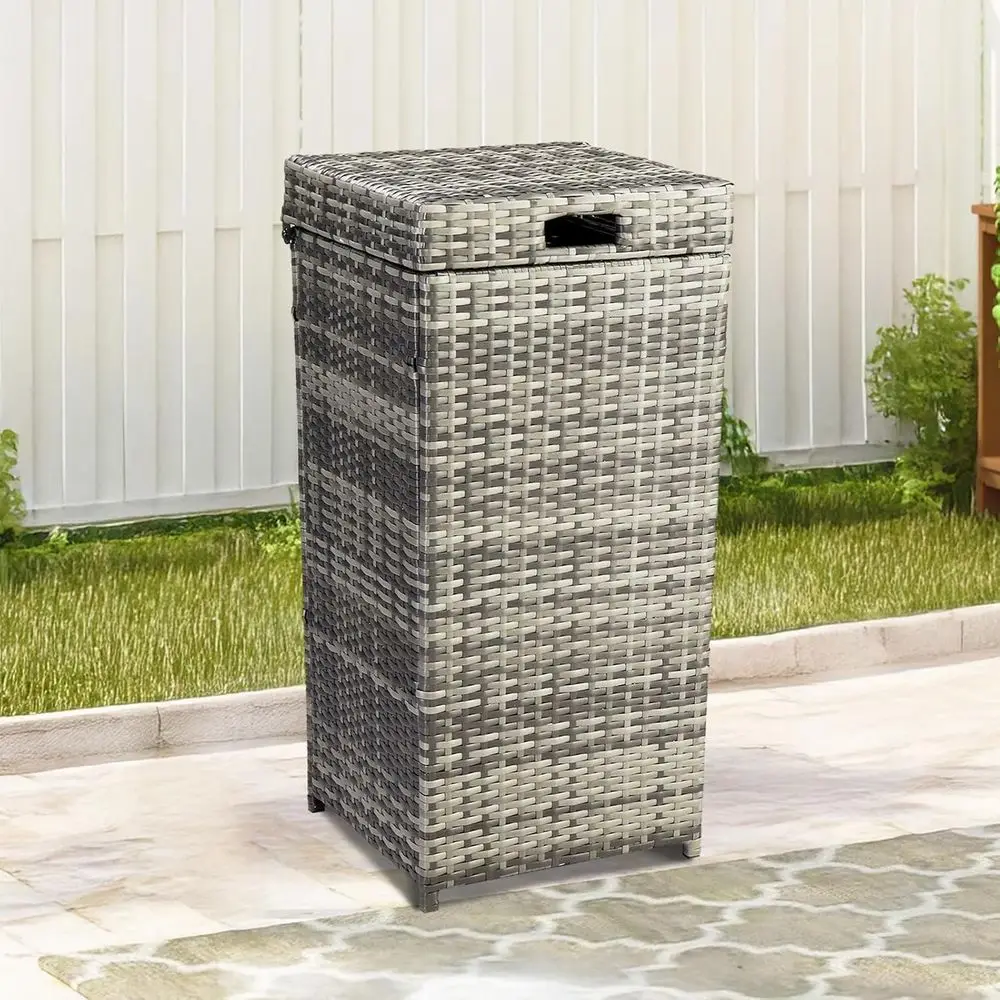 Patio Trash Can, 27 Gallon Rattan Trash Can with Removable Lid, Outdoor Waste Basket, Waste Container (Grey)