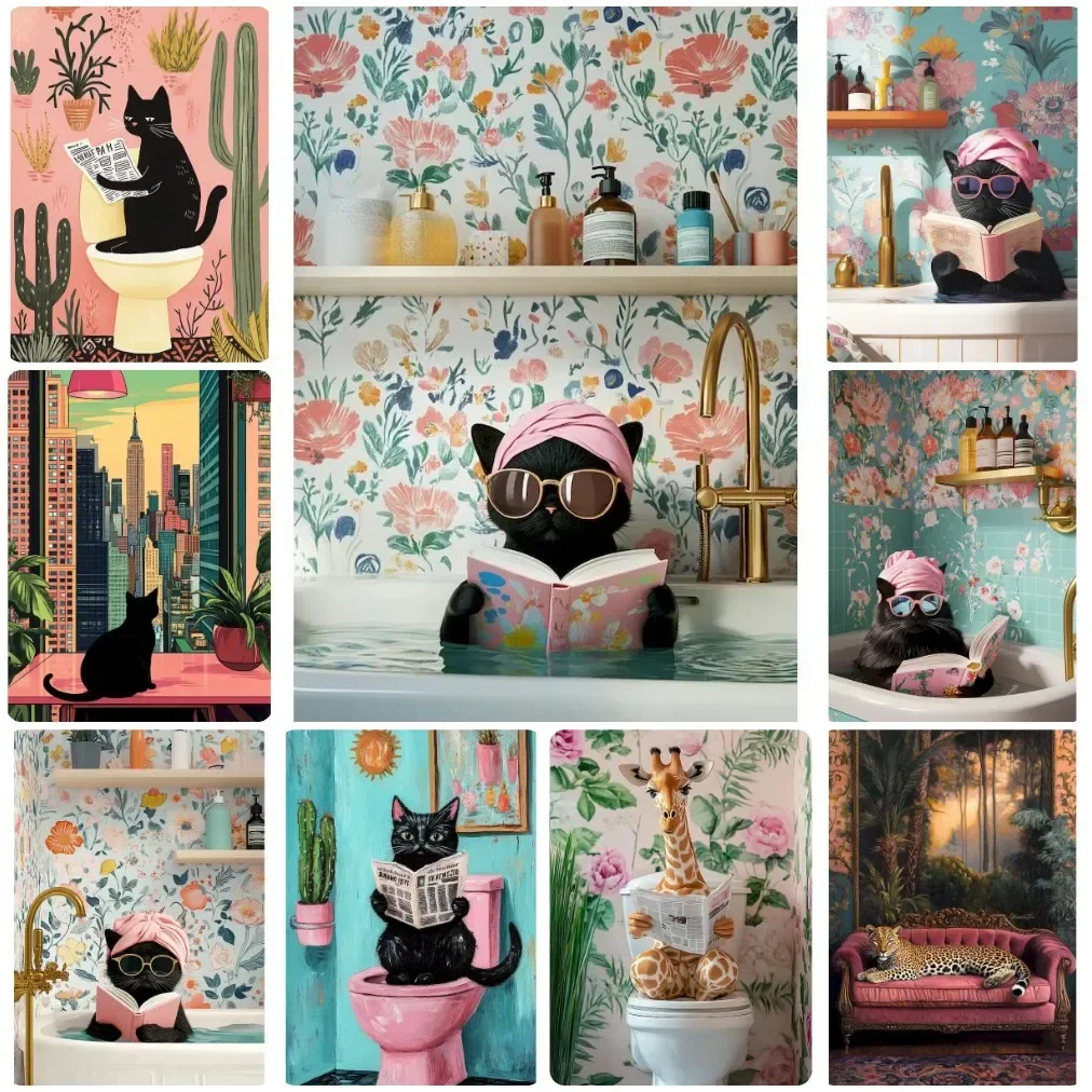 5D DIY Funny Black Cat Diamond Painting, Bathroom and Cityscape Humor Handmade Art Exquisite Creative Gift Home Decoration