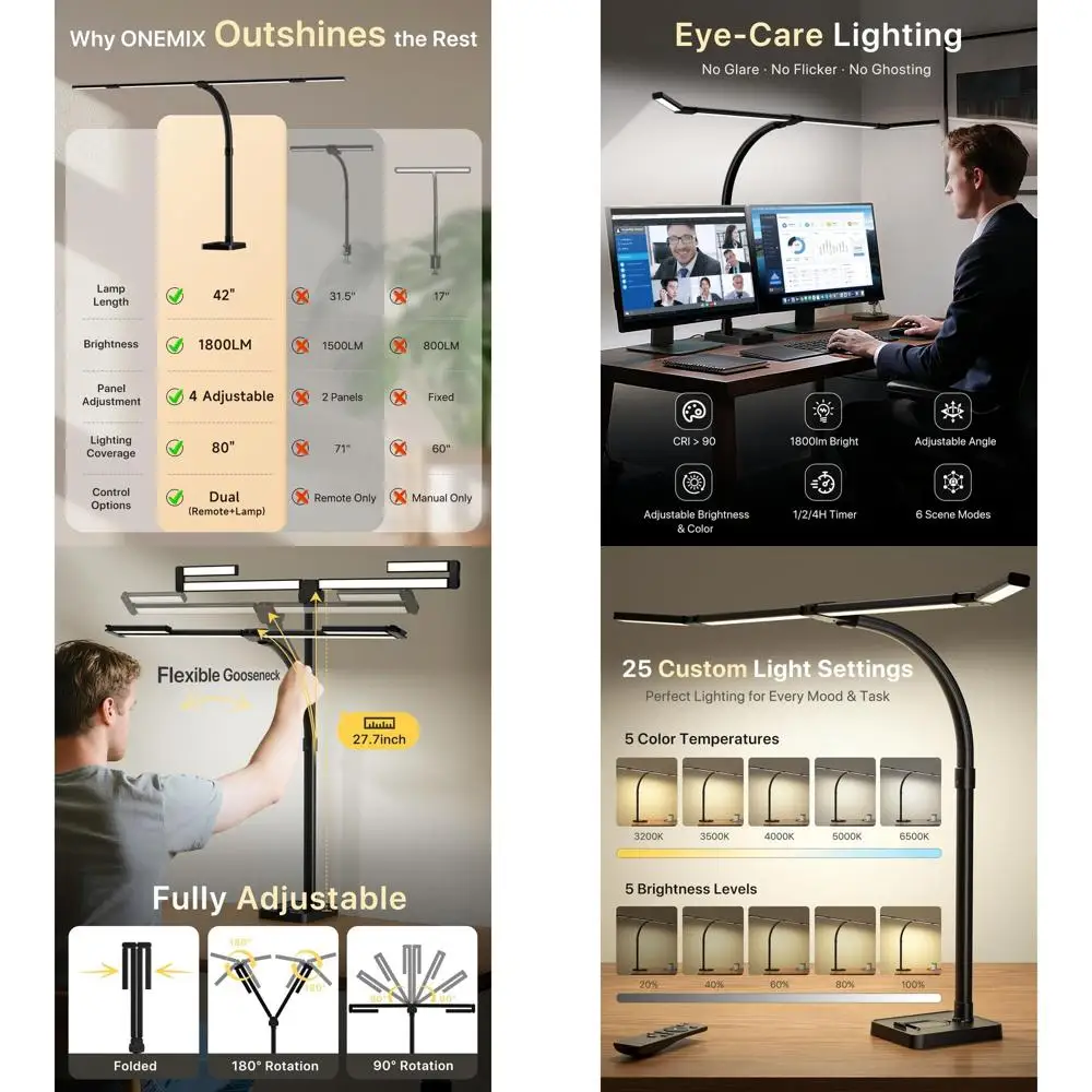 

42 Adjustable LED Desk Lamp with 4-Segment Bar, 1800LM Brightness, Remote Control, Suitable for Home Office, Reading and Study (