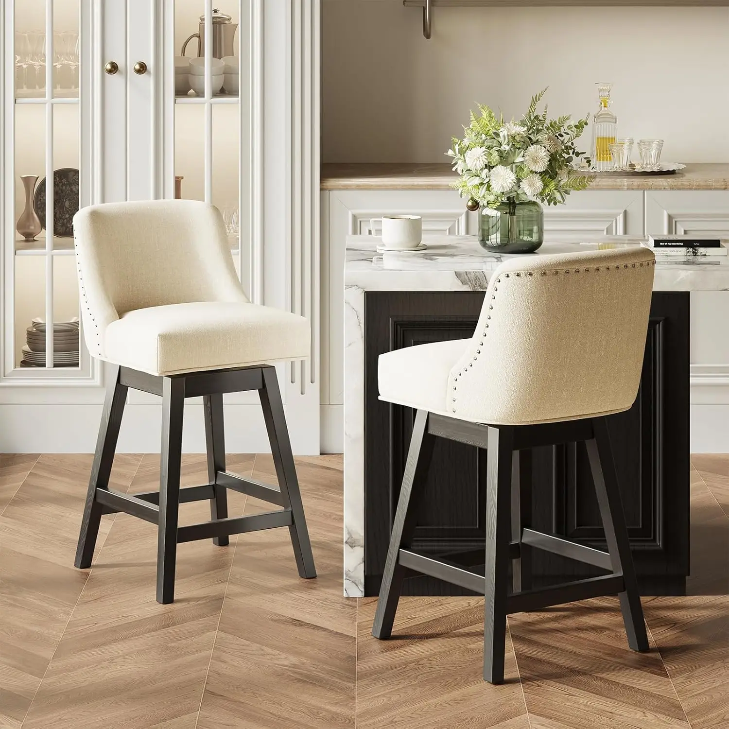 

Swivel Bar Stools Set of 2, 27" Counter Height Kitchen Stools with Padded Seats and Solid Wood Legs, Upholstered Barstools fo