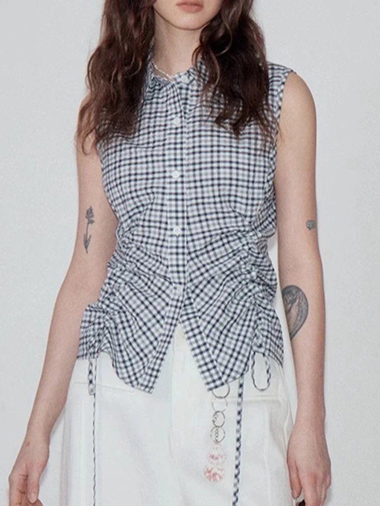 

Женская летняя новинка: укороченная блузка без рукавов в клетку, в корейском стиле, с отложным воротником, плиссированная, универсальная, в стиле Ins, для дерзких девушек