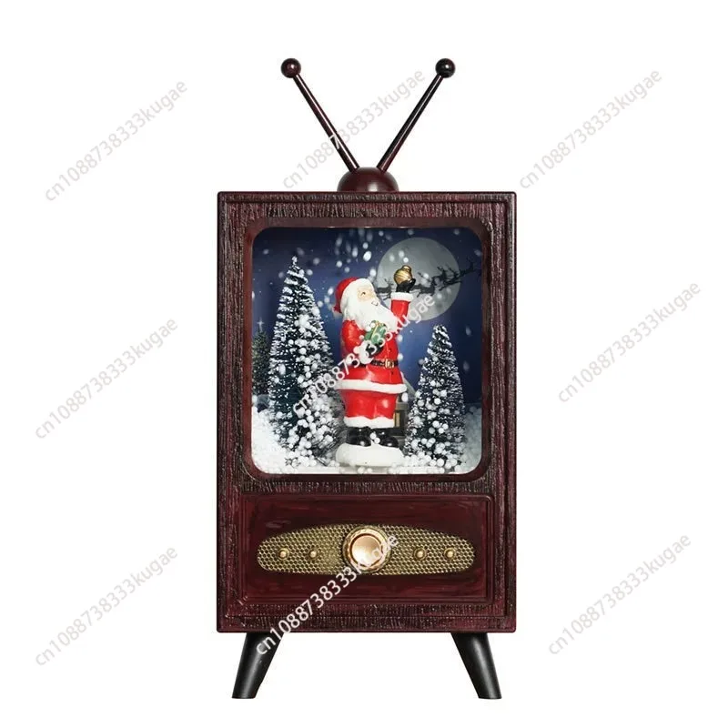 Retro Large TV Styling Ornament Santa Claus Skiing Micro-landscape Music Snow Ambient Lighting Decoration