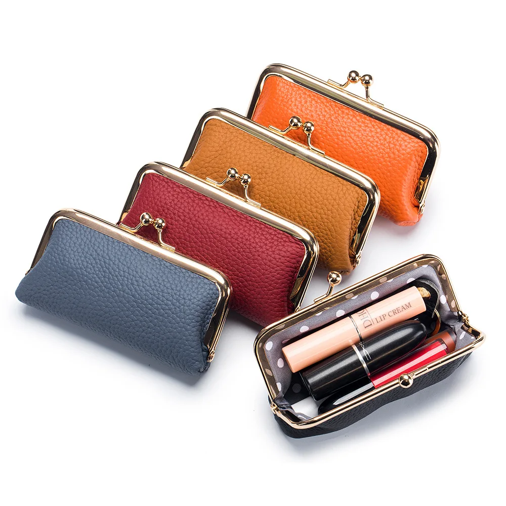 Retro Mini Lock Clip Coin Purse Daily Portable Cute Handheld Storage Bag for Girls Solid Color Genuine Leather Simple Key Bag