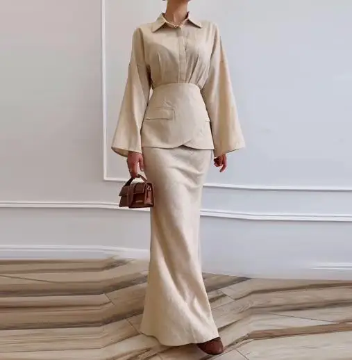 

Three Piece Set Women Outfit 2025 Spring Temperament Fashionable Turn-Down Collar Long Sleeved Shirt & Slim Fit Long Skirt Set