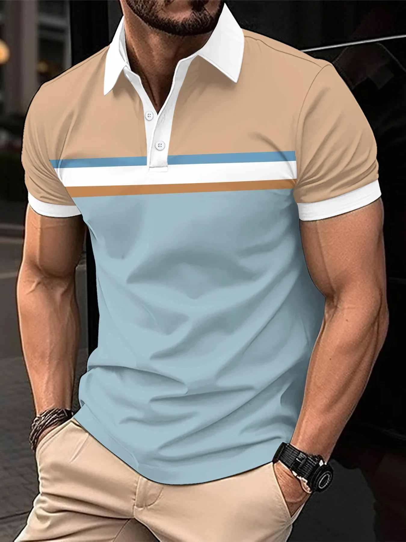 The Best-Selling Summer Men's Polo Shirt Lapel Button Striped Short Sleeve Color Patchwork Shirt Casual Sports Men's Clothing