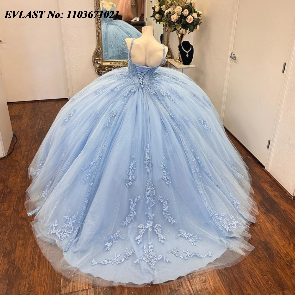 EVLAST Customized Sky Blue Quinceanera Dress Ball Gown Lace Applique Beaded Crystal Spaghetti Sweet 16 Vestidos De 15 Anos SQ692