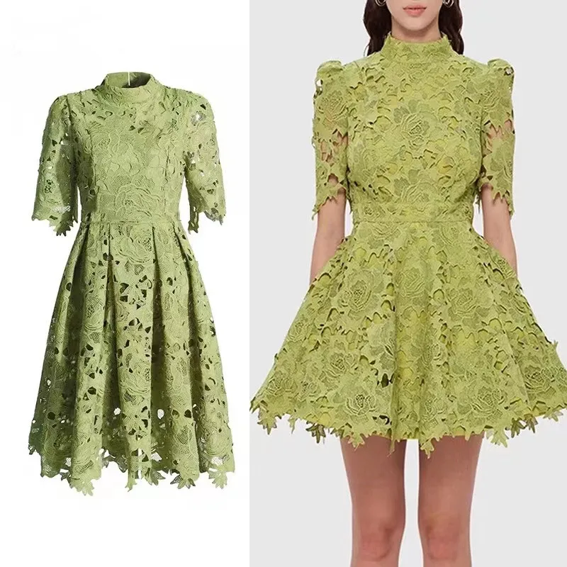 Vintage Solid Embroidery Lace Mini Dress Runway Summer Green Stand Collar Short Sleeve Hollow Out  Party Belt Ball Gown Clothes