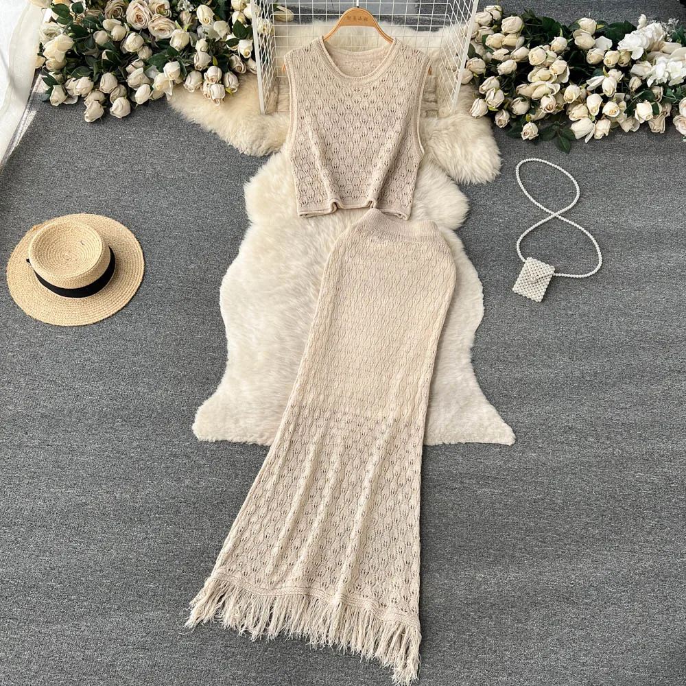 Chic Bohemian Crochet Hollow Two Pieces Sets Sexy Sleeveless Camis Tank Top with Tassel Midi Skirt Beach Vacation Fashion Sets