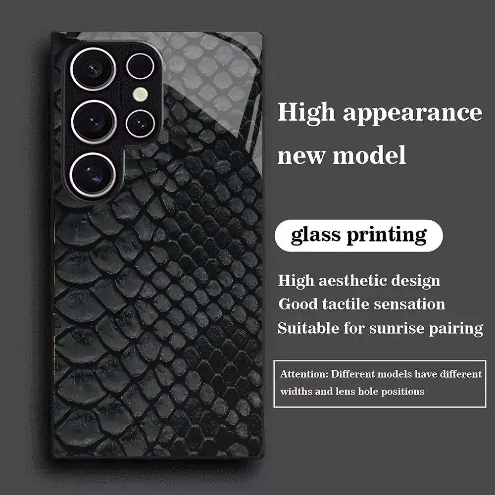Fish scale texture pattern black tempered glass phone case for Samsung Galaxy S26 S25 S24 S23 S22 S21 S20fe/plus/ultra anti drop