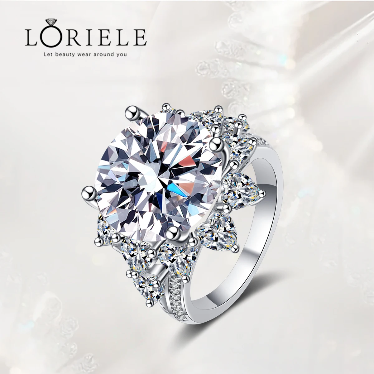 LORIELE White Gold Plated 10CT Moissanite Ring for Women Bridel Luxury Wedding Diamond Band 100% 925 Sterling Silver Rings 14mm