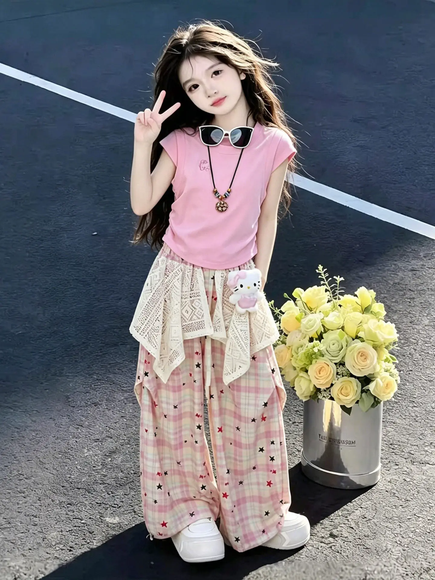 韓国風女の子夏服半袖ワイドレッグパンツセット通気性軽量子供服セット大きい子供向け