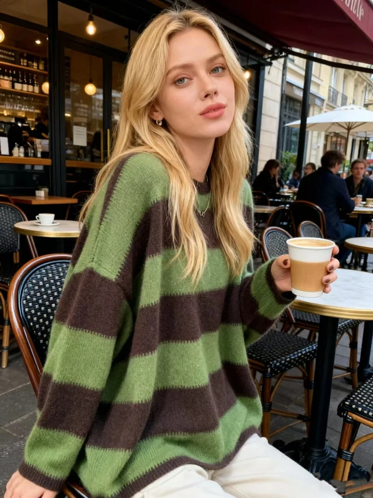 

Trendy women's 100% cashmere pullover high-quality knitted striped sweater loose round neck Tops luxury streetwear Pull Jumper