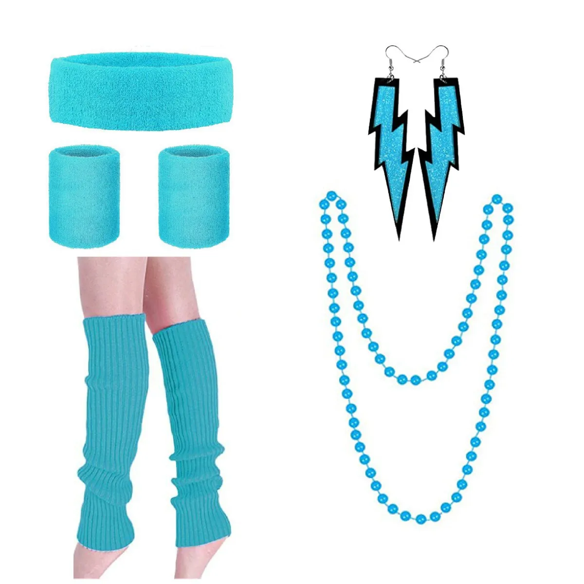 

Повязка на голову для выпускного вечера 1980-х годов, защита на запястье, вязаный комплект для ног, спортивная повязка на голову, впитывающая пот, ожерелье, серьги, реквизит для косплея