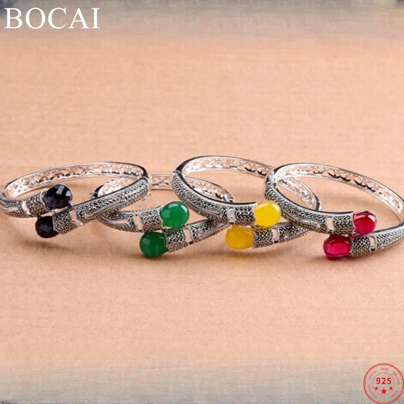 

BOCAI S925 Sterling Silver Bangle for Women New Garnet Chalcedony Corundum Inlaid Micro Marcasite Bracelets Free Shipping