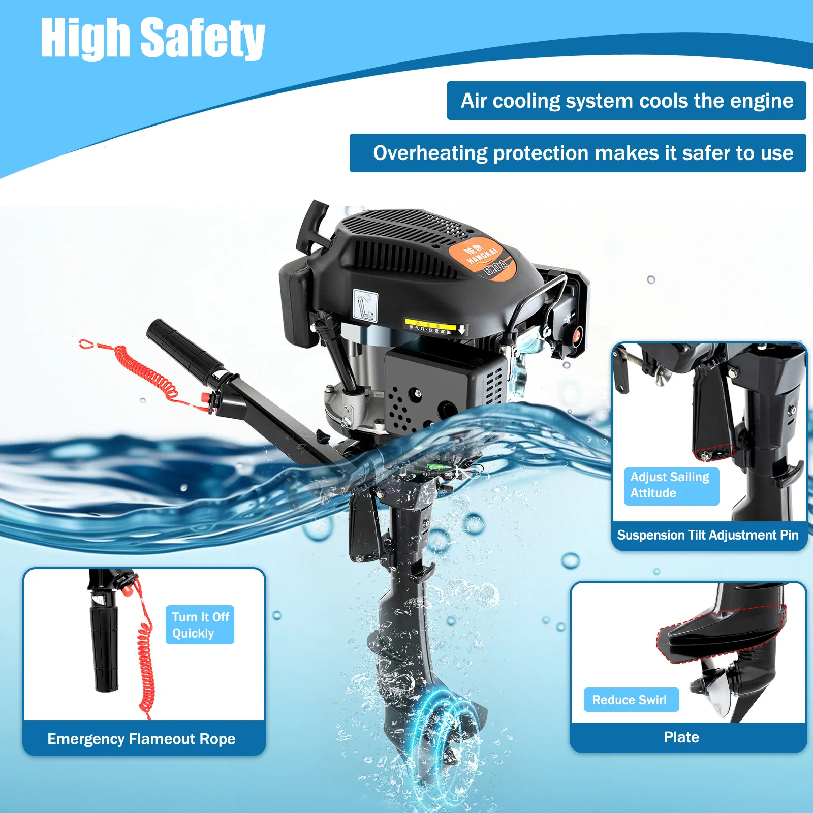 

Outboard Engine, 6HP 4-Stroke Air Cooled Gasoline Outboard Motor, 140CC for Inflatable Boat Fishing Boat, Manual Start System