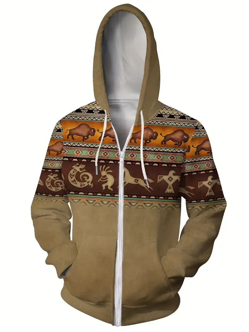 

Men's Vintage-Inspired Hoodie With 3D Digital Print Y2K Casual Pullover Sweatshirt With Kangaroo Pocket & Zipper Perfect Coat