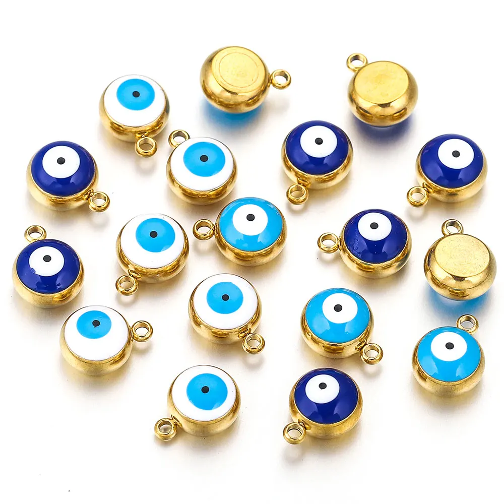 10pcs 5 6 8mm Stainless Steel Round Enamel Sky Blue White Evil Eye Charms for Jewelry Making Findings Earring Bracelet Wholesale