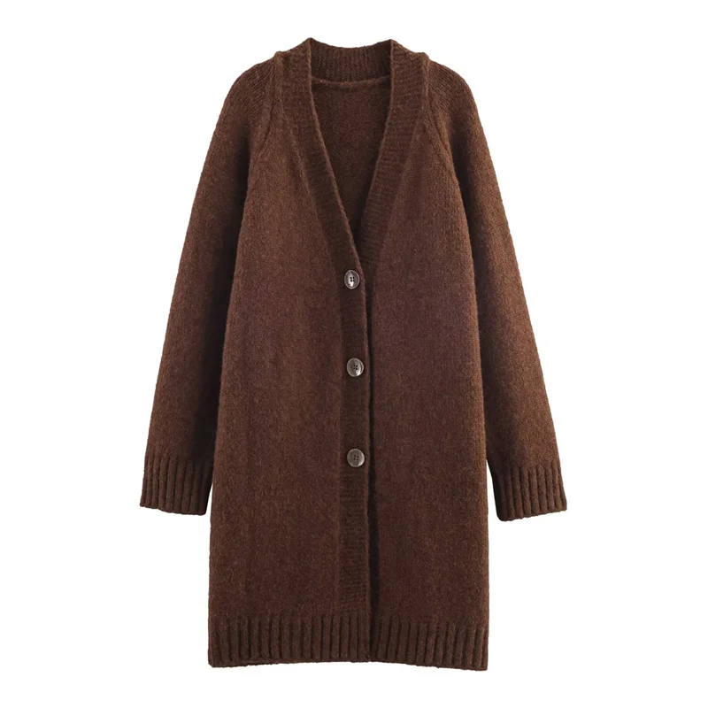 

Women's Coat 2025 Autumn New Style Dark Brown Drop Shoulder Long Sleeve Simple Loose Knit Coat Jacket Casual Fashion