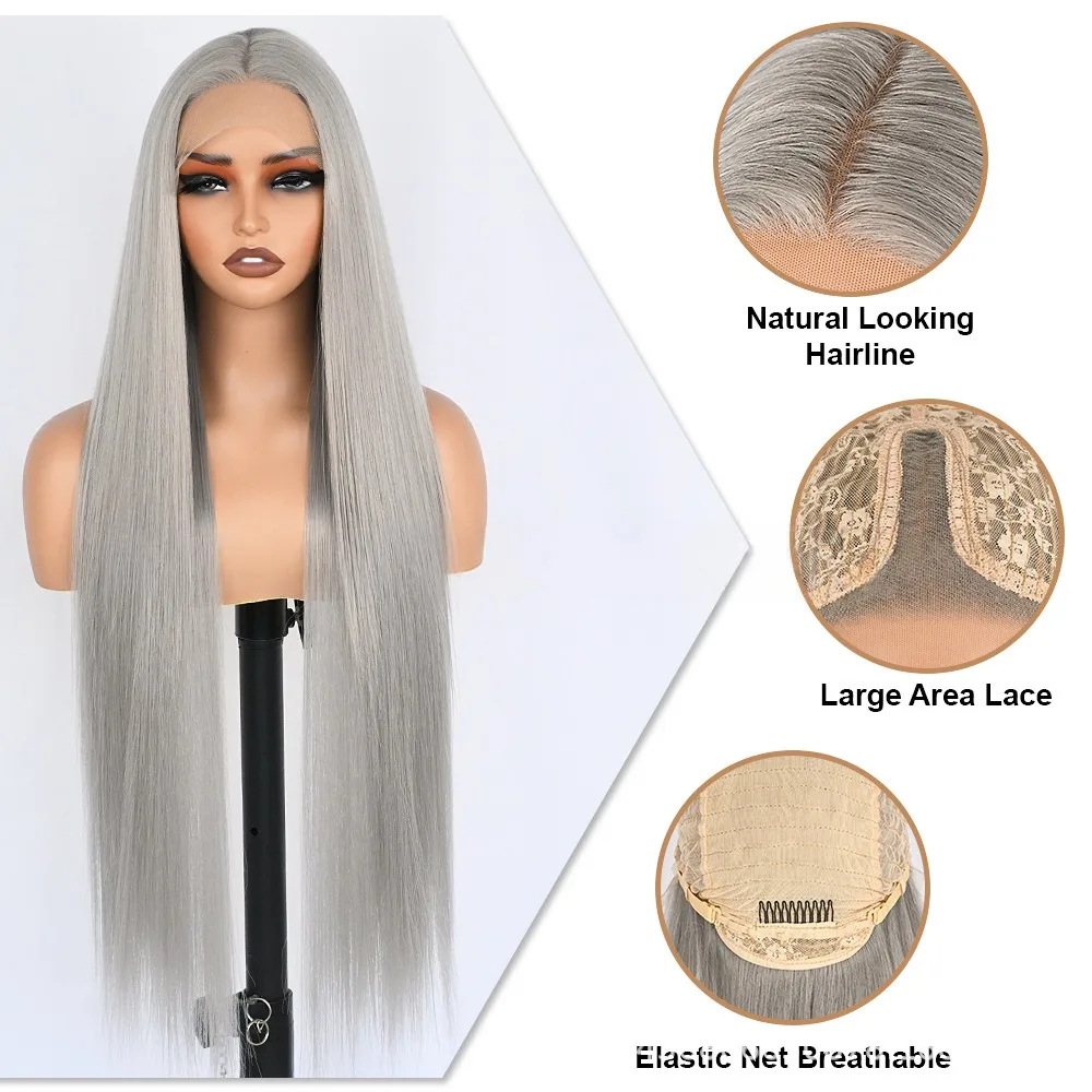 28 32 Inch Silver Gray Straight Wig T Part Lace Hand Tied Heat Resistant Synthetic Fiber Glueless Wig for Daily Party Cosplay