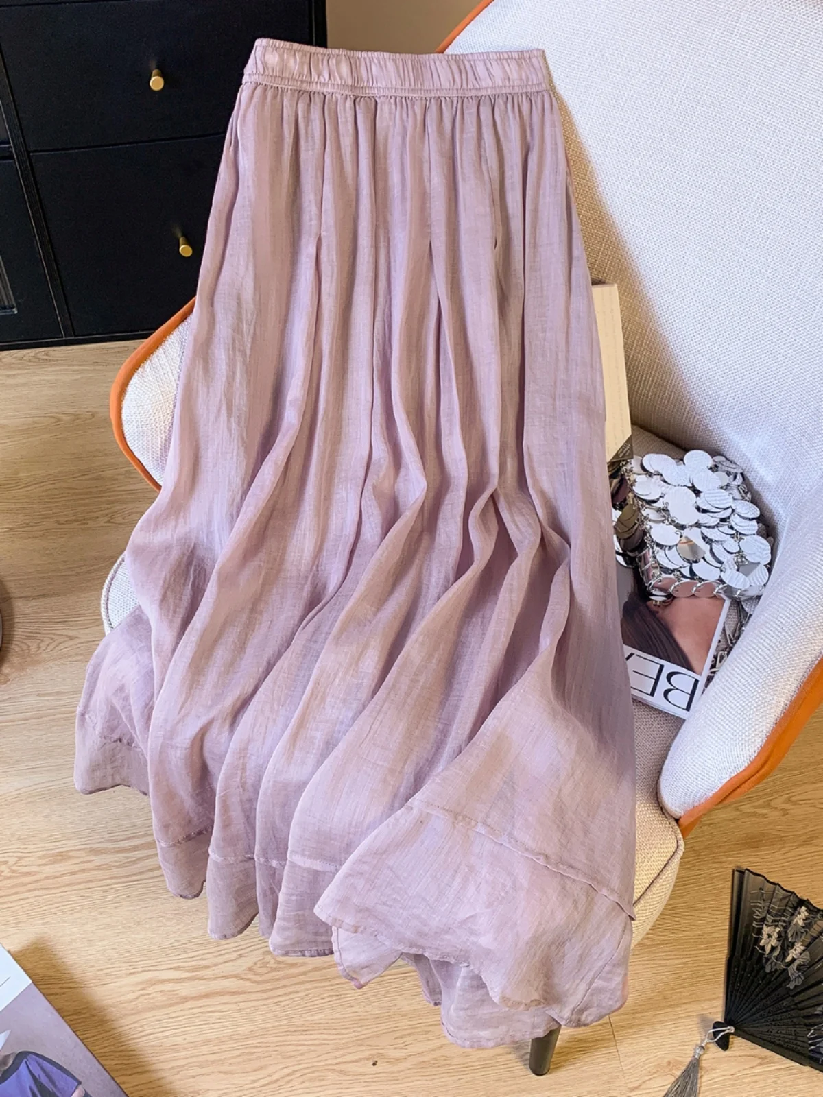 

Ele хлопково-льняная юбка трапециевидной формы, женская свободная двухслойная юбка феи с эластичной резинкой на талии, тонкая китайская юбка для поездок на работу