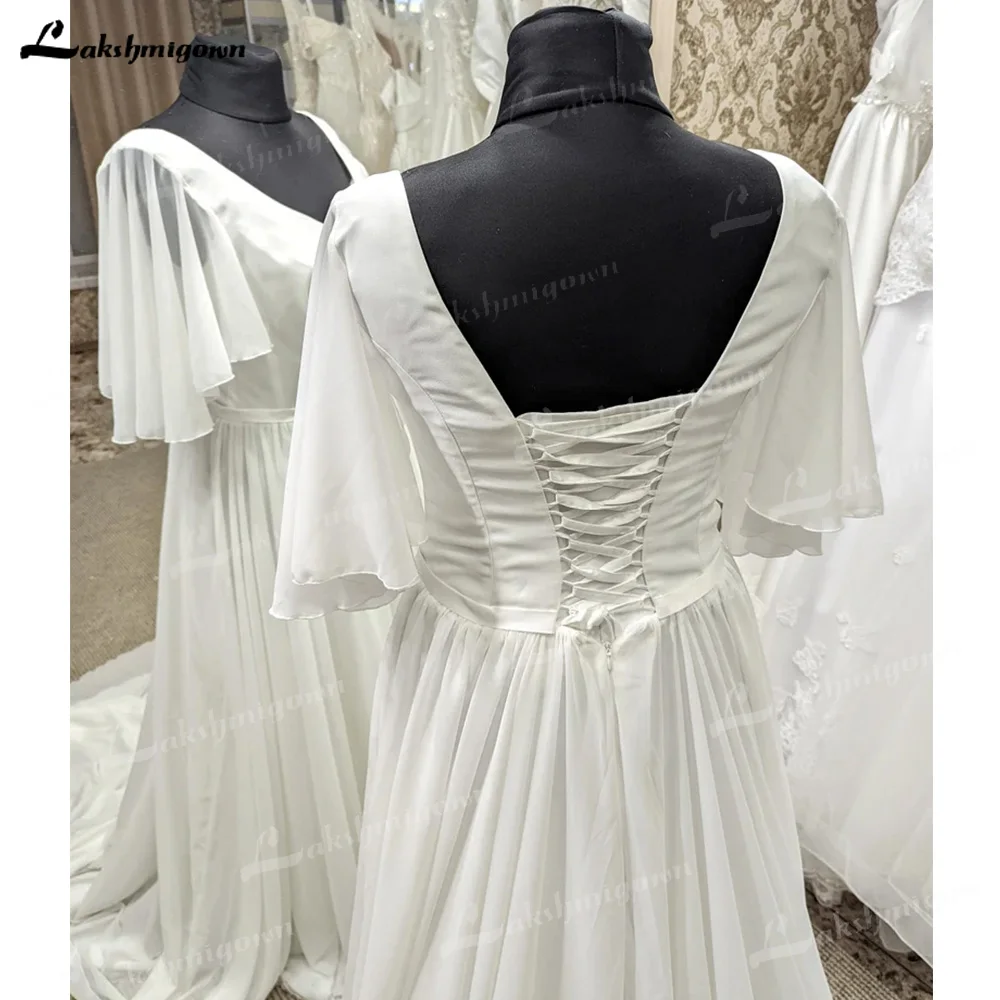 White Chiffon Half Sleeves Wedding Dress Lace Up Floor-Length V-Neck A-Line Wedding Gowns Custom Made Court Train Bridal Dresses