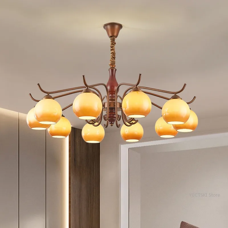 

GHJUYIOL Full copper new Chinese style pendant lamp villa duplex living room lamp atmospheric bedroom lamp hall