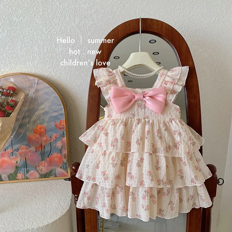 New Girls Party Dress Toddler Summer Cute Elegant Bow Cake Dress bambini vestono 1-9 anni vestiti per feste di compleanno per bambini