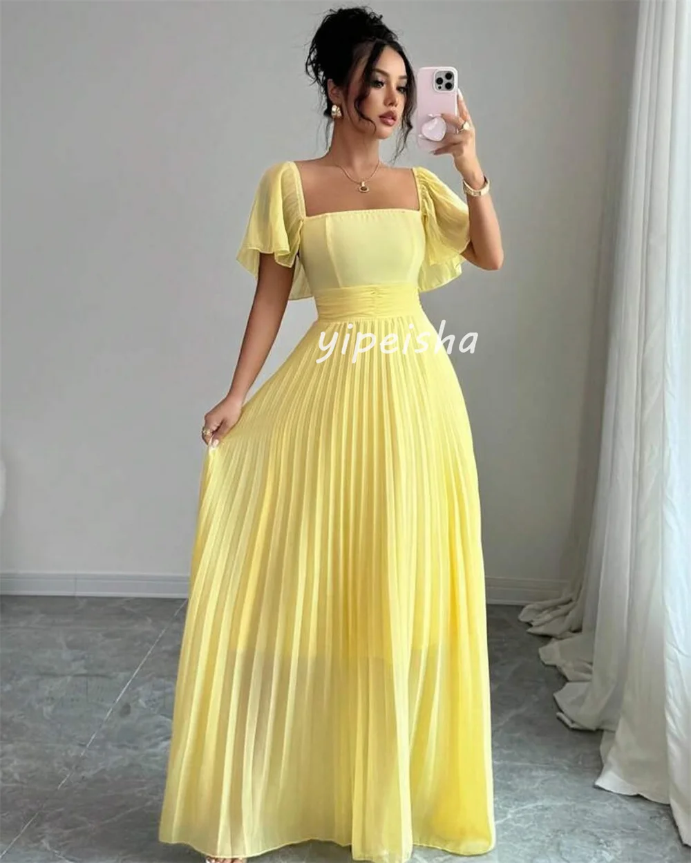 Customized Modern Style Sizes Available Chiffon Pleat Draped A-line Square Neck Long Dresses Bespoke Occasion Dresses Matching