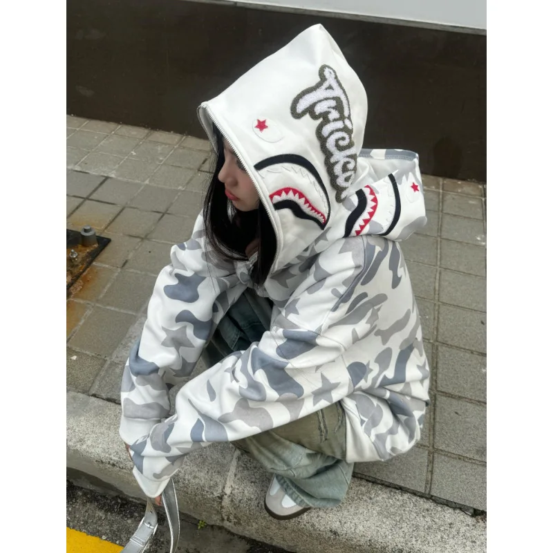 Women Retro Hip Hop Trendy Hoodie Camouflage Sweatshirt New Autumn Couple Zipper Open Cardigan Jacket Loose Fit Casual Wear