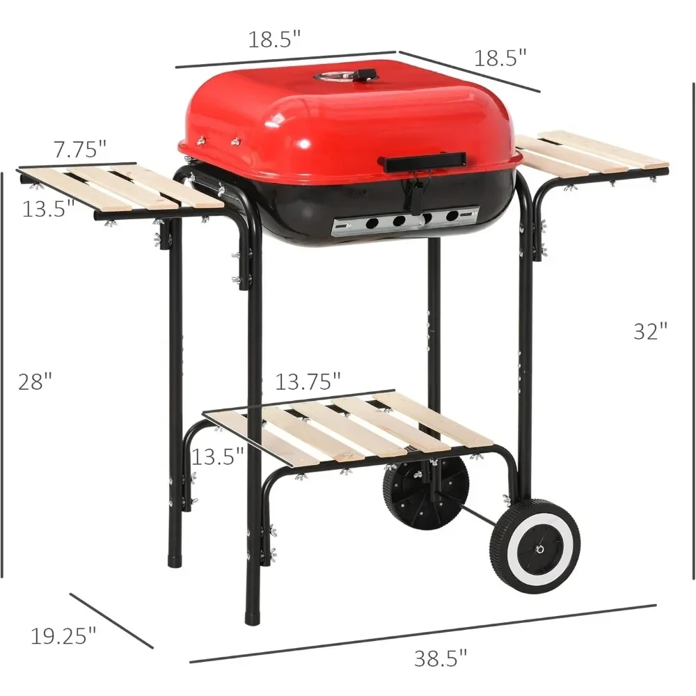 Portable charcoal grill with two side frames and bottom frame, adjustable ventilation for picnic camping 19.25