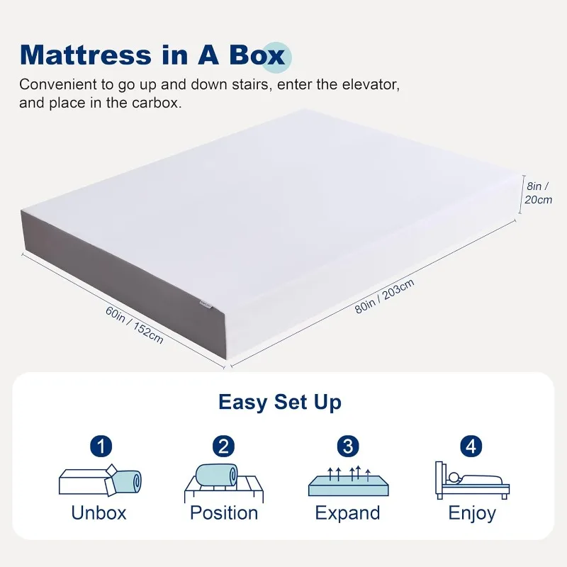 Queen Memory Foam Plush Mattress, 3 layer design with top memory foam layer,White/Grey, 80 x 60 x 8 inches