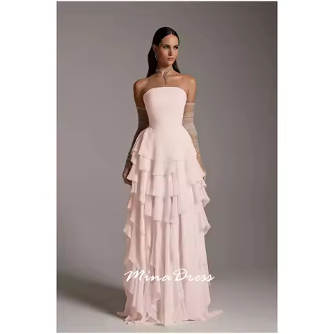 Mina Customized Ruffle Arabic Evening Dress Luxury Evening Dresses 2025 Layered Strap-breasted Back Elegant Party Dresses Woman