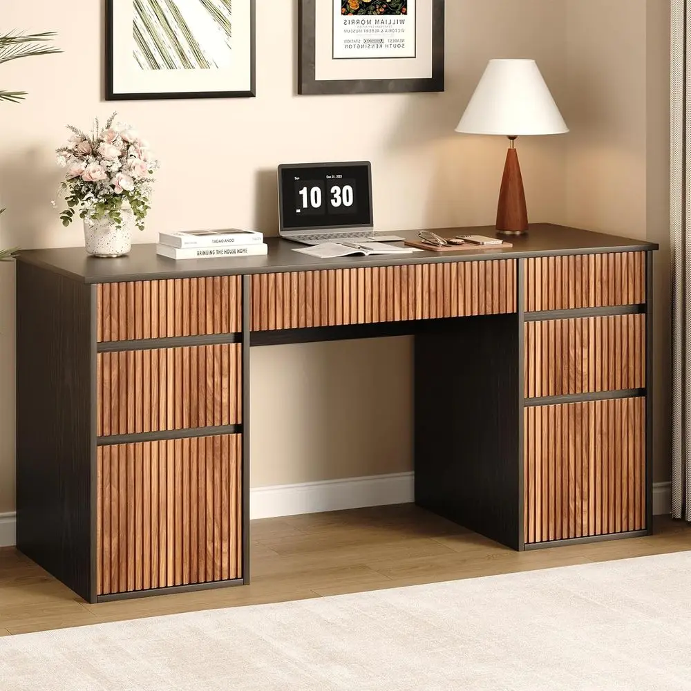 

58-inch Modern Black Desk with 7 Drawers for Home Office, Study, or Bedroom