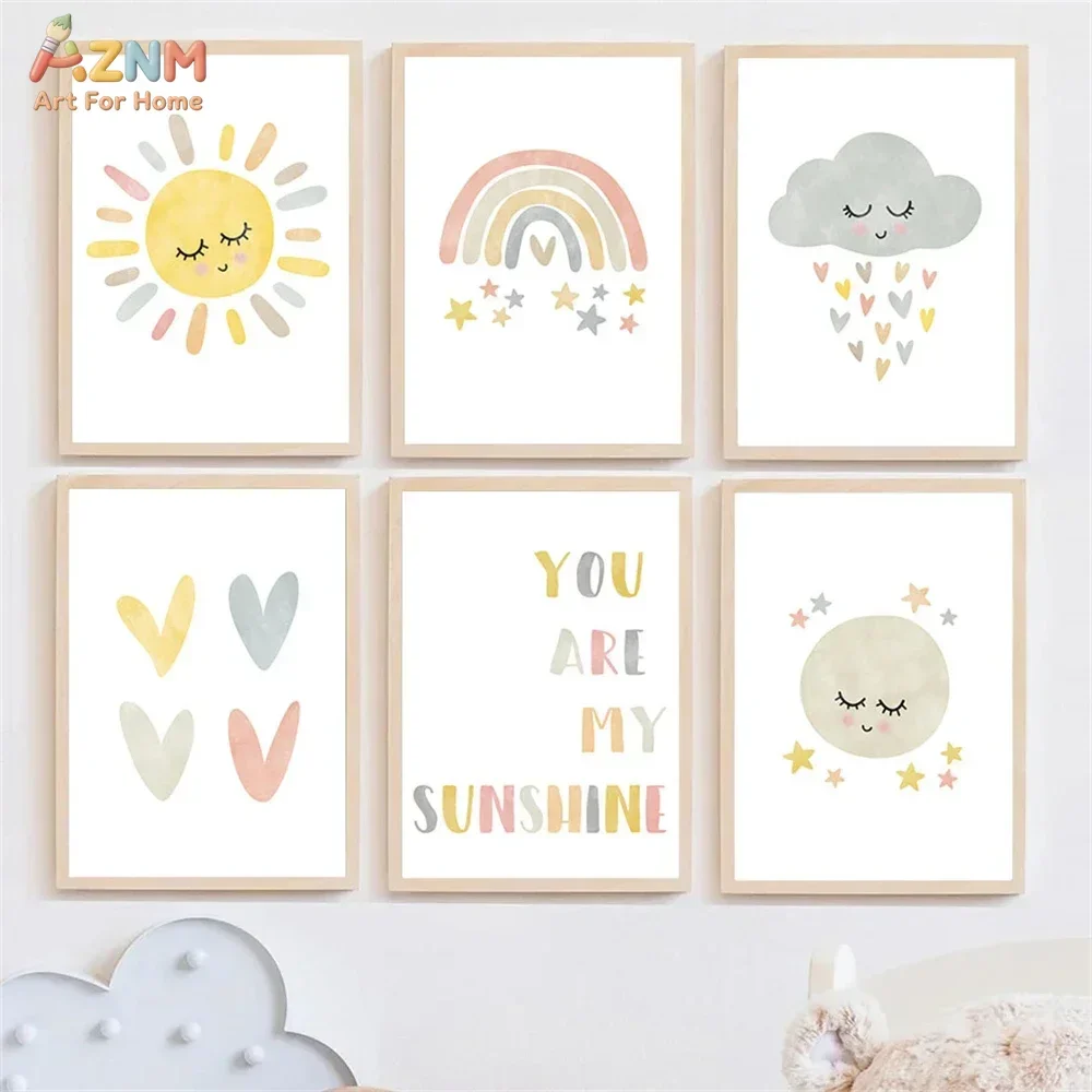 AZNM Boho Pastel Rainbow Sun Moon Cloud Canvas Wall Art, Cute Watercolor Nursery Print, Soft Neutral Cartoon Weather Poster for