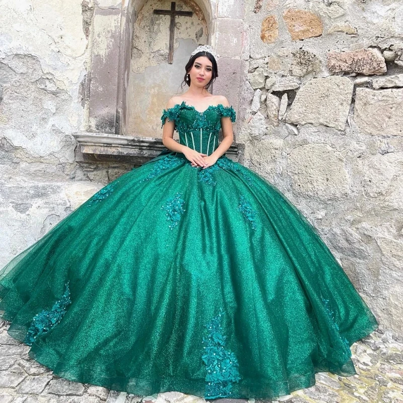 Vestidos de quinceañrea de princesa, Apliques de encaje con hombros descubiertos, verde esmeralda, dulce, 15, 16. °, fiesta de cumpleaños