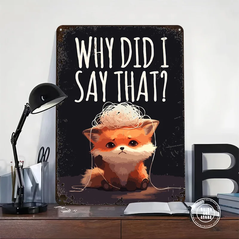 Cute Fox With Tangled String 3D Texture Metal Poster Customized Wall Art Tin Sign Gift for Mancave Aesthetic Decoration Room