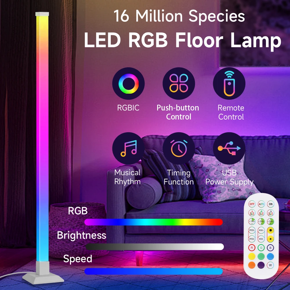 150cm RGB Floor Lamp Remote Control RGBIC Interior Decoration Mood Lighting LED Stand Lights for Living Room Bedroom Dining Tabl