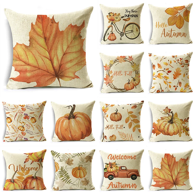 Welcome Autumn Big Orange Pumpkin Branches Leaves Throw Pillowcase Cushion Covers For Sofa Office Bedroom Decor Multiple Size