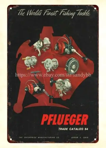 1958 PFLUEGER FISHING TACKLE catalog cover art metal tin sign outdoor brewery