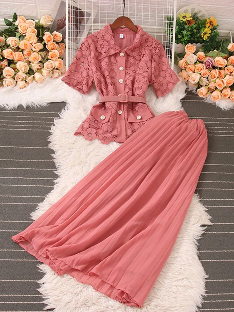 

New Summer Women Elegant Skirt Suits Fashion Turn-down Collar Short Sleeve Lace Shirt And Pleated Long Skirt Two Piece Set