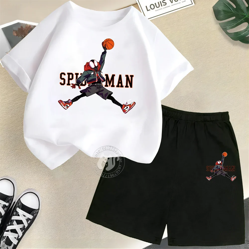 Summer Kids 100% cotton Short sleeve T-shirt + Shorts Boys Girls Spiderman Jump Play Basketball printed street casual suit