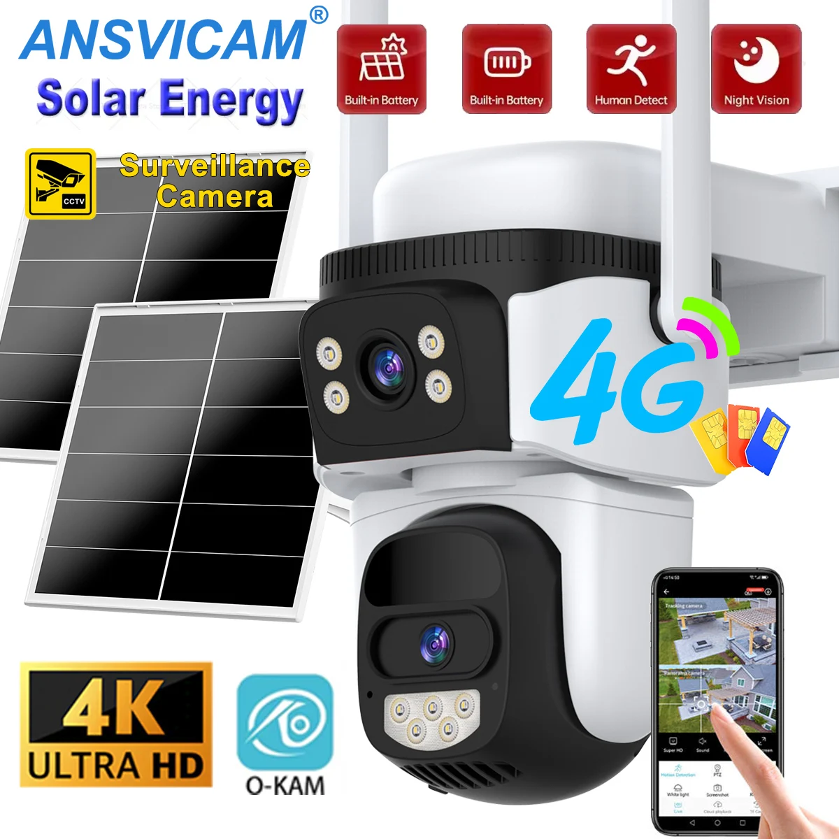4G Solar Dual-Lens Security Camera 4K 8MP Wireless PTZ Outdoor IP Cam with Remote Video Surveillance Smart Protection Monitoring