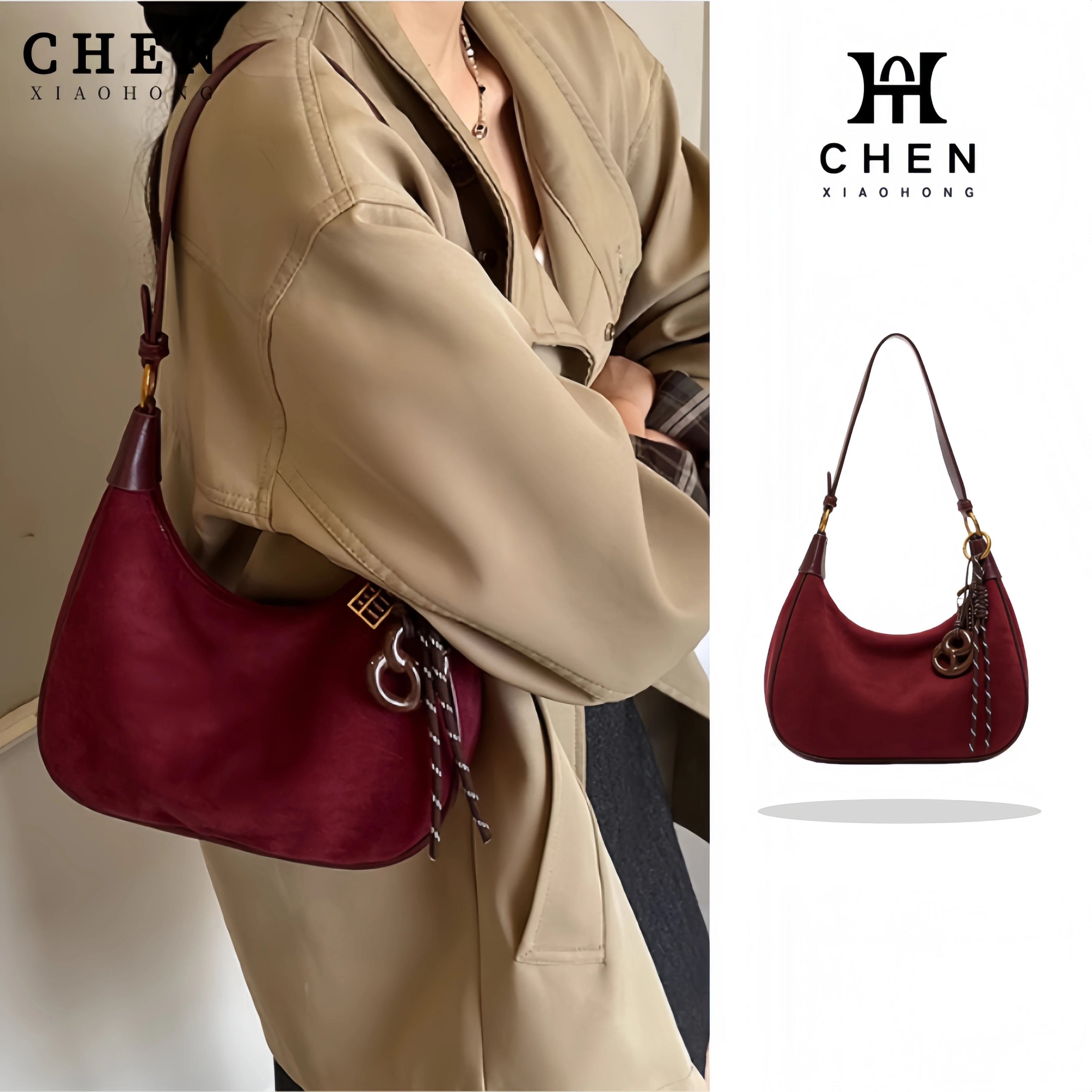 

2026 Retro Light Luxury Burgundy Suede Fabric Hobo Underarm Bag Women's Metal Ring Charm Pendant Braided Tassel Daily Party Bag