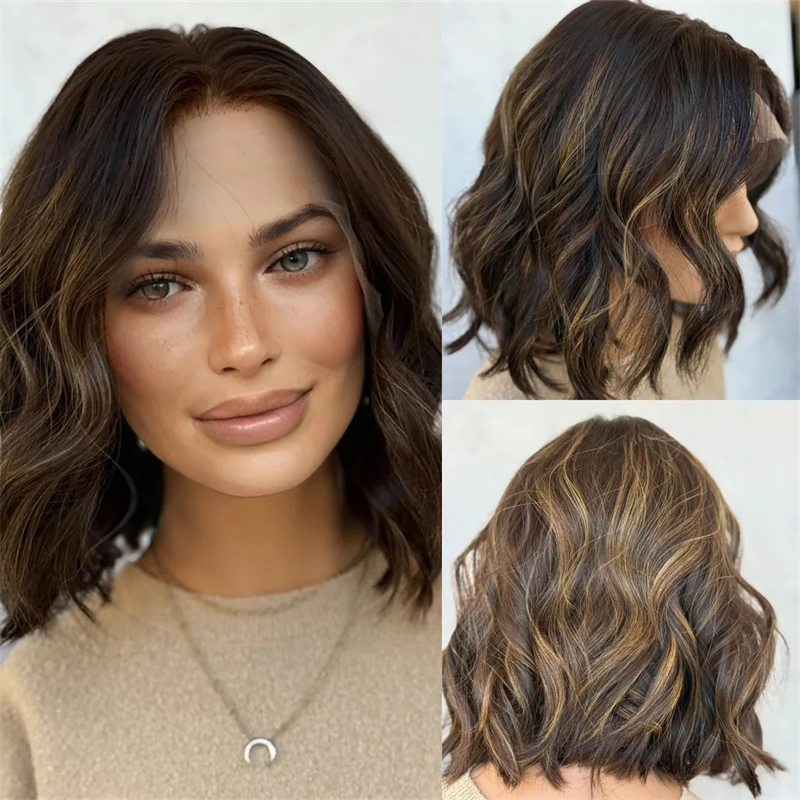 

Новый короткий волнистый боб Ombre Honey Brunette Brown Wig HD Невидимый синтетический парик фронта шнурка для женщин Готов к отправке для женщин Использование