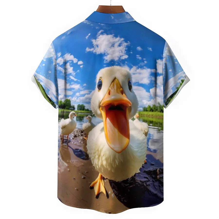 New 3D large face duck print fun film casual rattan high-definition printed pattern men's short sleeved shirt