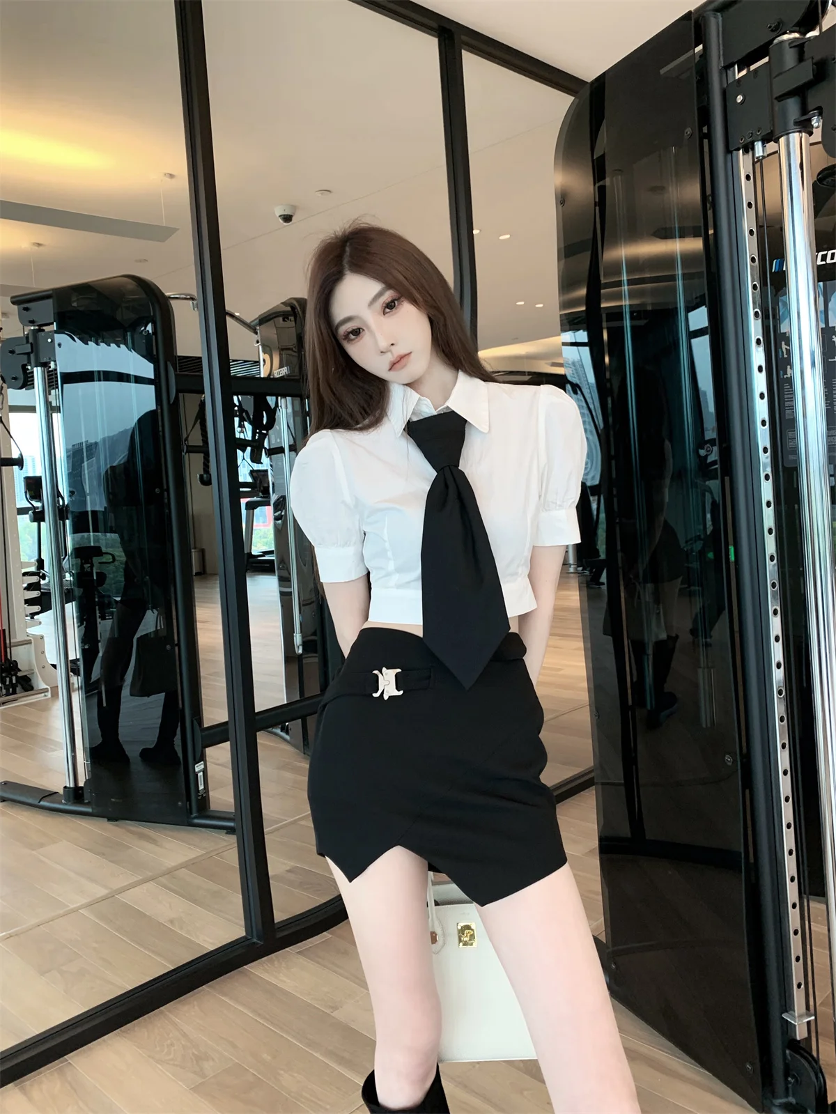 

F Project Sweet And Spicy Girl OOTD Юбка трапециевидной формы с высокой талией и функцией Bules ort Лето из полиэфирного волокна