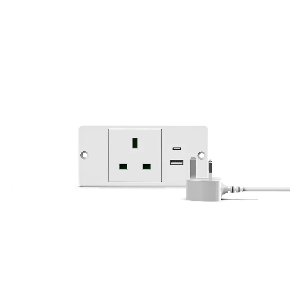 UK White Recessed Mini Power Strip 1 AC Outlet USB A USB C Ports 1.5M Cord Space Saving Flush Mount Desk Socket for Furniture